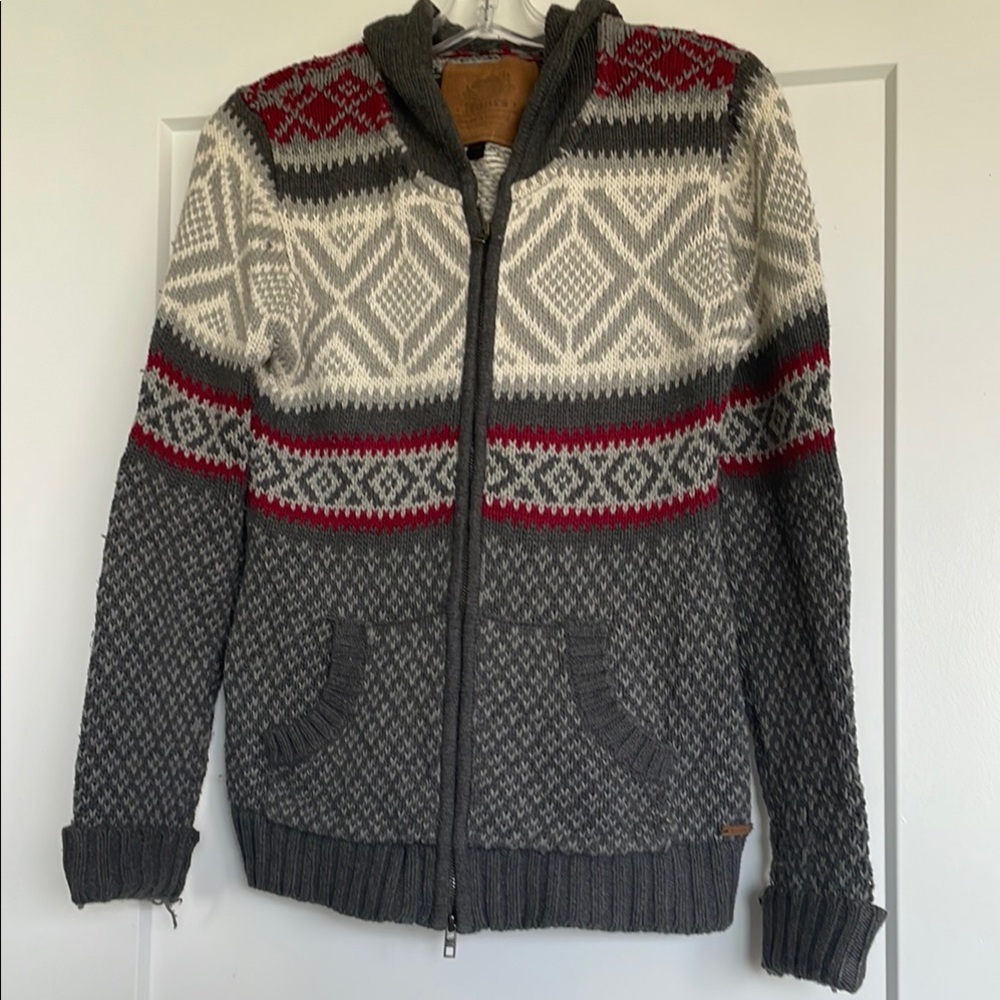 Gray and Red Patterned zip up Sweater